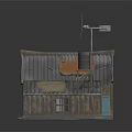 Cartoon Scene of Wooden Cabin with Tin Roof Orange Section and Water Tower Windmill