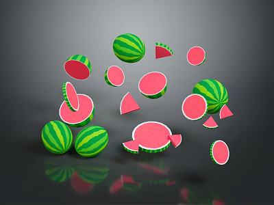 Juicy Watermelon Fruit With Whole And Sliced Pieces Green Rind Red Flesh 3d model