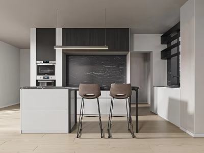 Modern Open Kitchen Interior Design With Island Counter Stools And Cabinets Appliances 3d model