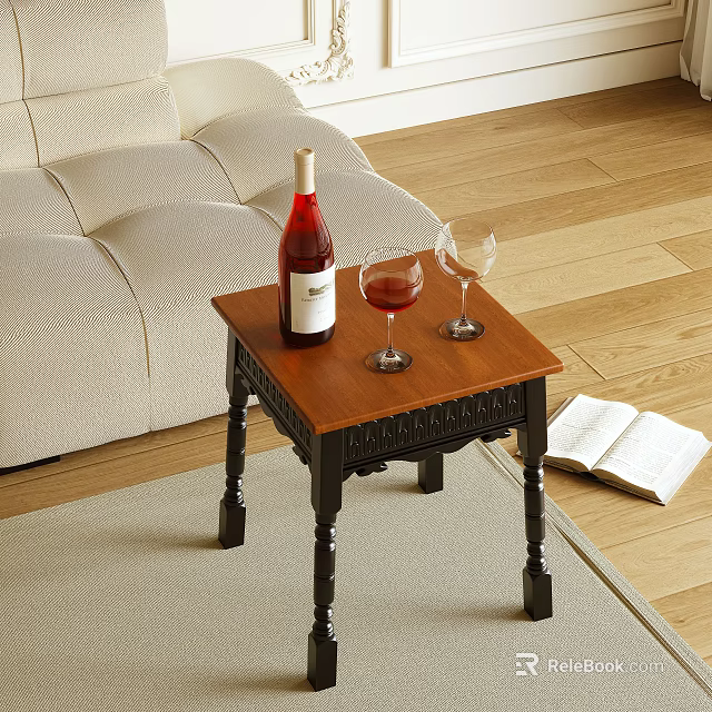 Wooden Top Side Table With Wine Bottle Glass And Open Book By Sofa 3d model 