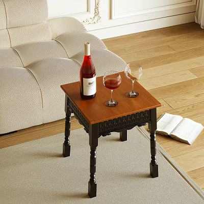 Wooden Top Side Table With Wine Bottle Glass And Open Book By Sofa 3d model