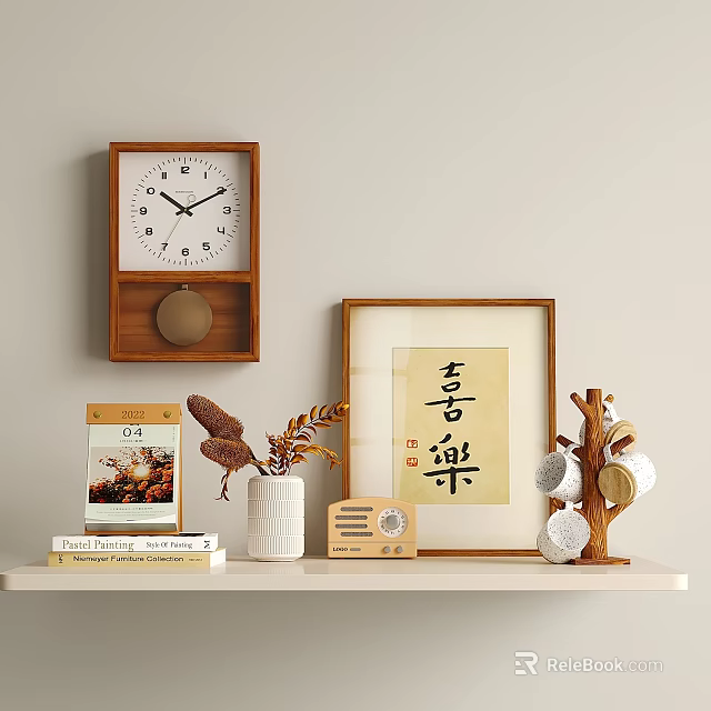 Decorative Ornament Set With Wooden Clock Chinese Calligraphy Vase Tree Shape And Home Shelf Decor 3d model 