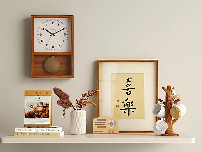 Decorative Ornament Set With Wooden Clock Chinese Calligraphy Vase Tree Shape And Home Shelf Decor 3d model