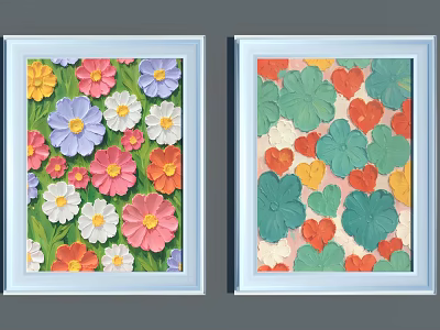 Two Framed Abstract Paintings With Colorful Flowers Green Leaves And Heart Shapes 3d model