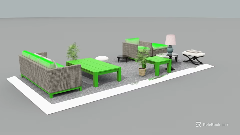 Wicker Sofa Green Coffee Table Side Tables Plants And Lamp In Leisure Design 3d model 