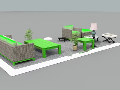 Wicker Sofa Green Coffee Table Side Tables Plants And Lamp In Leisure Design 3d model