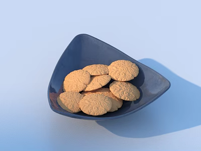 Delicious Patterned Round Cookies Stacked in Blue Triangular Bowl on Light Blue Background 3d model