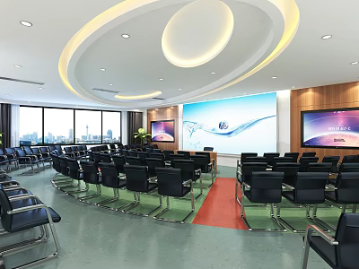 Modern Conference Room Interior With Large Windows Big Screens Black Chairs And Red Carpet 3d model