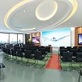 Modern Conference Room Interior With Large Windows Big Screens Black Chairs And Red Carpet