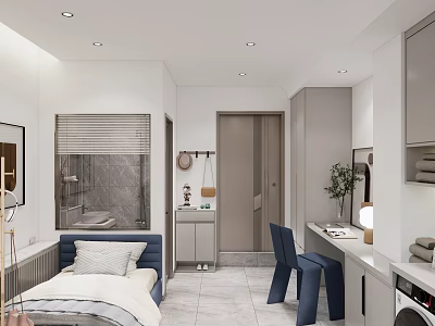 Modern Apartment with Bedroom Kitchen Laundry Area Blue Furniture White Walls Gray Flooring 3d model
