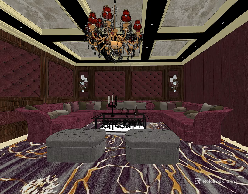 Luxurious KTV Room Interior With Purple Sofa Ornate Chandelier And Patterned Carpet 3d model 