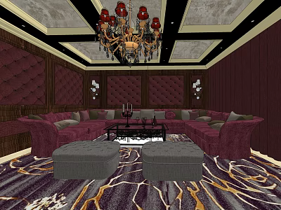 Luxurious KTV Room Interior With Purple Sofa Ornate Chandelier And Patterned Carpet 3d model