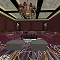 Luxurious KTV Room Interior With Purple Sofa Ornate Chandelier And Patterned Carpet
