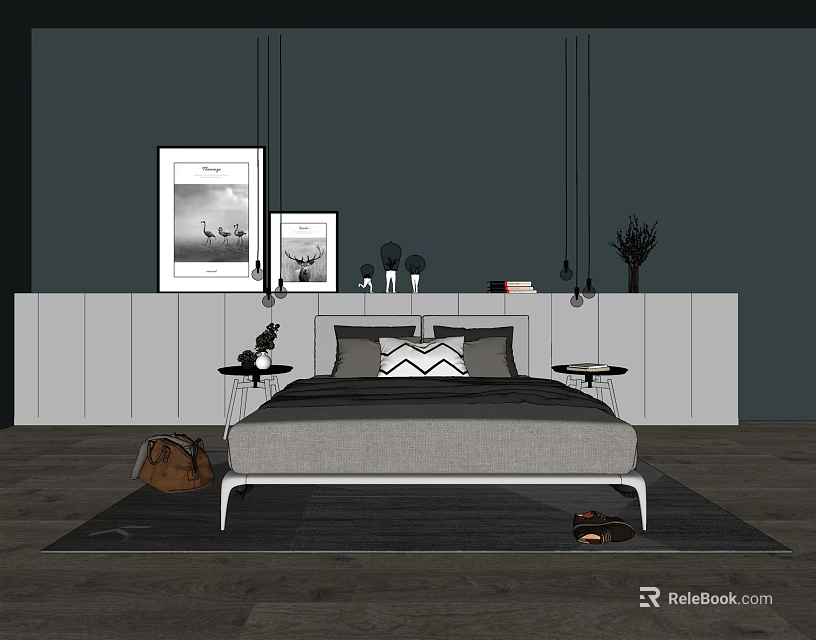 Modern Double Bed Interior Design With Gray Bedding Bedside Tables And Decorative Paintings 3d model