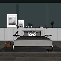 Modern Double Bed Interior Design With Gray Bedding Bedside Tables And Decorative Paintings 3d model