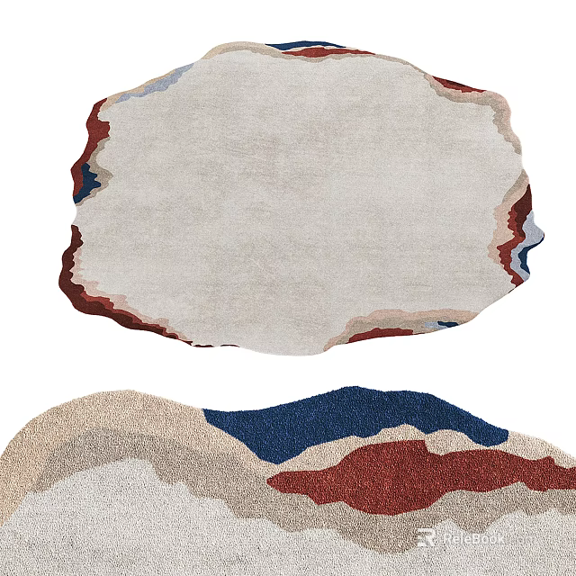 Unique Shaped Decorative Area Rug With Beige Base Irregular Red Blue Edges And Layered Patterns 3d model