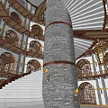Cartoon Fantasy Castle Interior With Spiral Staircase Arched Doors And Hanging Cages