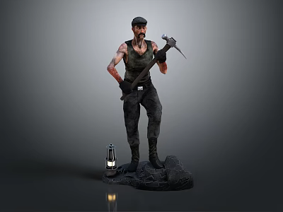 Bearded Miner Character In Vest Holding Pickaxe With Mining Lamp On Stone Base 3d model