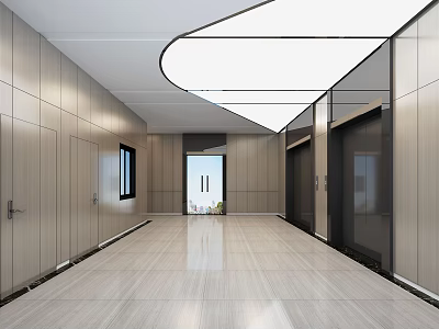 Modern Elevator Corridor With Wooden Panel Walls Light Marble Flooring And Curved White Lighting 3d model