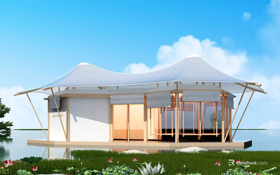 Tensile Membrane Structure Modern Lightweight Design Waterfront Green Grass Relaxation Space 3d model 