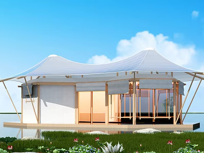Tensile Membrane Structure Modern Lightweight Design Waterfront Green Grass Relaxation Space 3d model