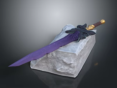 Purple Sword With Golden Hilt And Black Decorative Accents On White Stone 3d model
