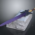 Purple Sword With Golden Hilt And Black Decorative Accents On White Stone