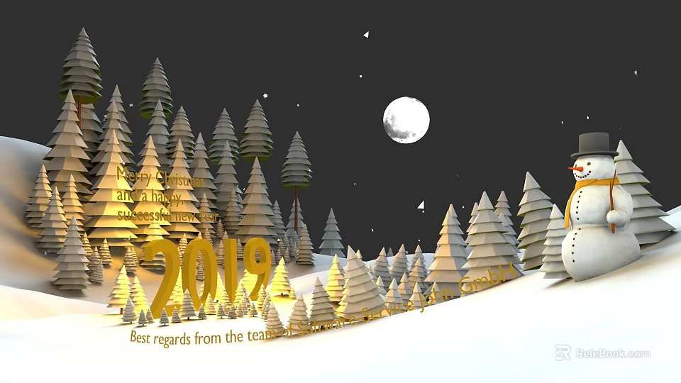 Botanical Painting With Snowy Trees Moon And Stars In Night Landscape 3d model 