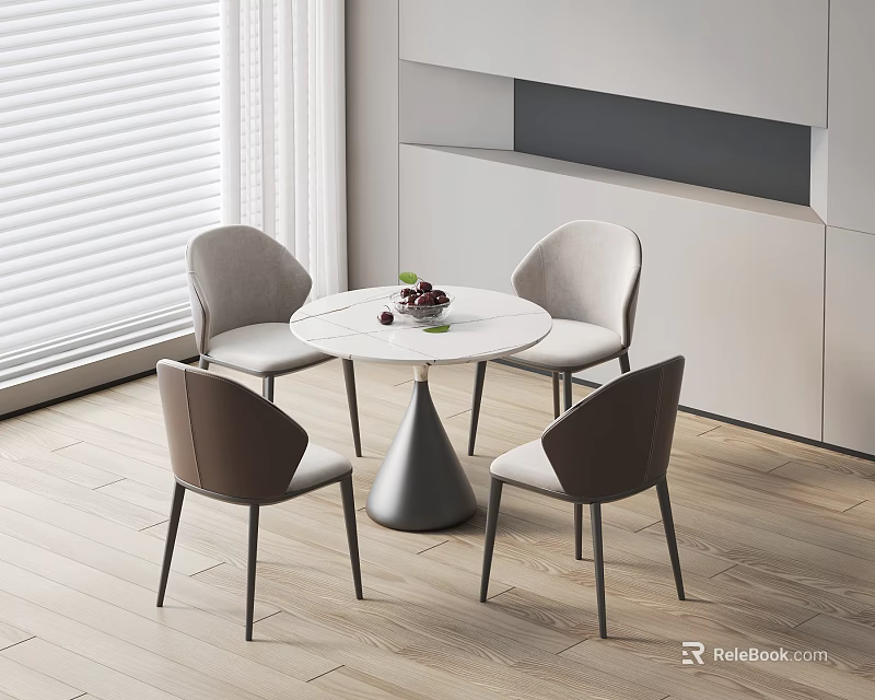 Modern Round Table Set With White Tabletop Conical Metal Legs And Upholstered Two Tone Chairs 3d model 