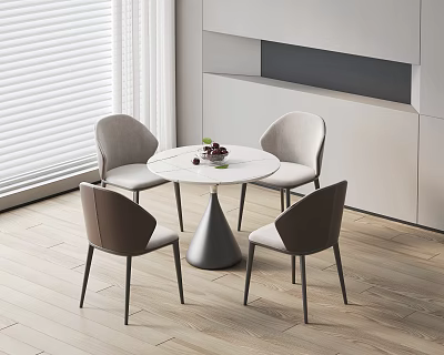 Modern Round Table Set With White Tabletop Conical Metal Legs And Upholstered Two Tone Chairs 3d model