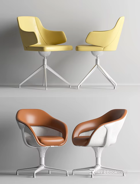 Modern Office Chairs with Yellow and Brown Leather Seats and Metal Bases 3d model 