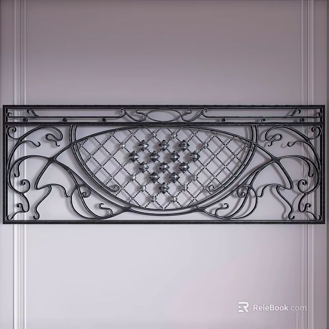 Artistic Wrought Iron Room Partition With Ornate Scroll Patterns And Lattice Grid Design 3d model 