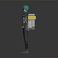 Green Haired Character In Tech Inspired Outfit With Biological Themed Backpack Design Elements