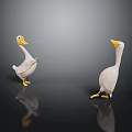 Decorative White Duck Figurines With Yellow Beaks And Feet Standing On Dark Surface With Reflection