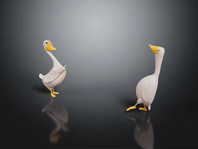 Decorative White Duck Figurines With Yellow Beaks And Feet Standing On Dark Surface With Reflection 3d model