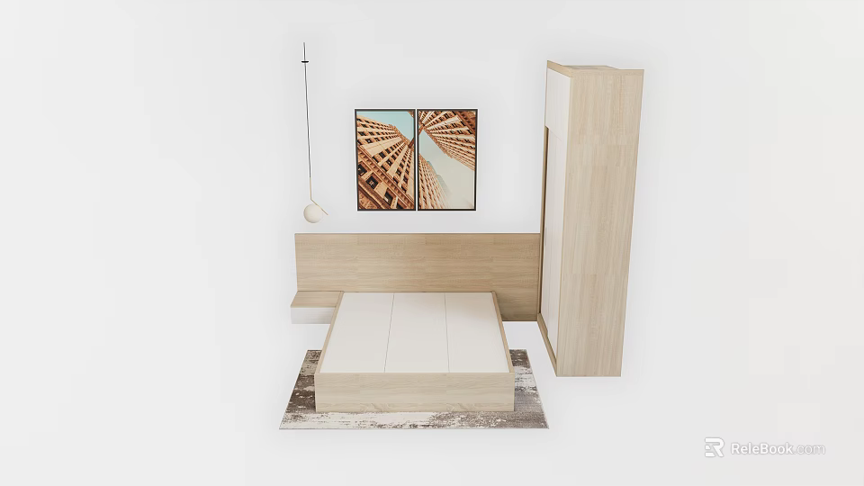 Modern Minimalist Bedroom Interior With Platform Bed Wall Art Hanging Lamp And Wardrobe 3d model 