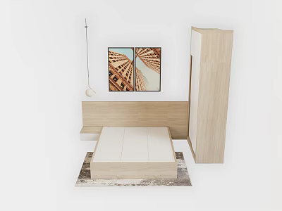Modern Minimalist Bedroom Interior With Platform Bed Wall Art Hanging Lamp And Wardrobe 3d model