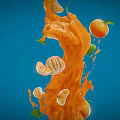 Fresh Orange Juice Splash With Whole Oranges Slices And Green Leaves On Blue Background
