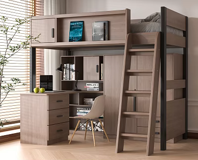 Modern Light Wood Bunk Bed with Desk Storage Cabinets Books Lamp and Chair 3d model