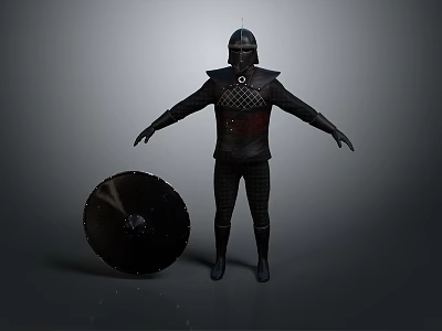 Medieval Shield With Armored Figure In Black Checkerboard Armor And Gear 3d model