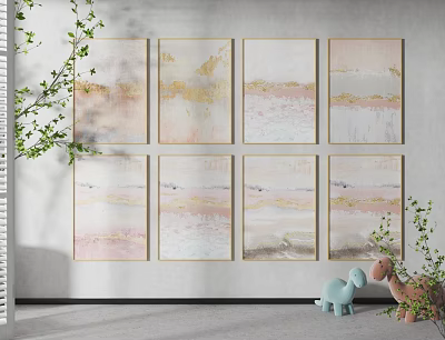 Abstract Wall Art With Gold Frames Soft Colors Green Plants And Animal Figurines 3d model
