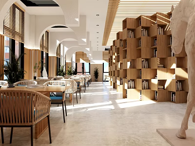 Book Art Interior Design With Wooden Bookshelves Tables And Decorative Sculpture 3d model