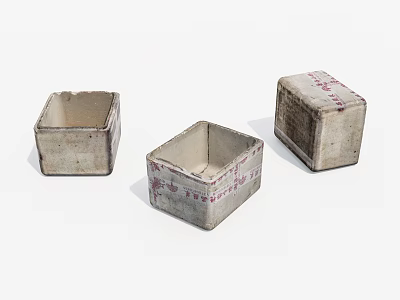 Three Vintage Square Cardboard Boxes With Worn Surfaces And Red Markings 3d model