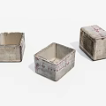 Three Vintage Square Cardboard Boxes With Worn Surfaces And Red Markings 3d model