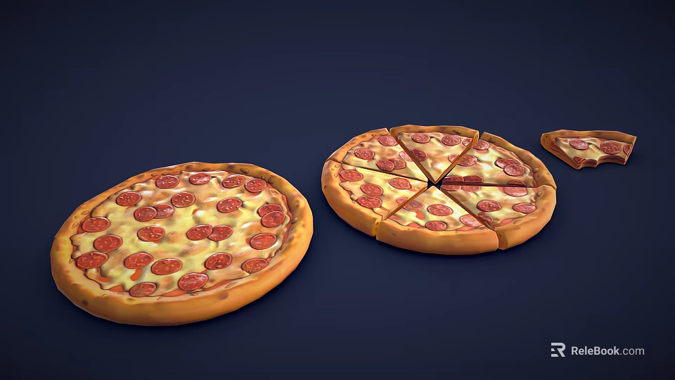 Delicious Pepperoni Pizza Whole Sliced And Small Slice On Dark Blue Background 3d model 