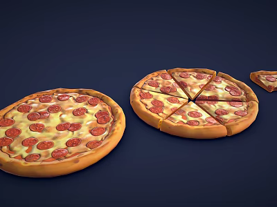 Delicious Pepperoni Pizza Whole Sliced And Small Slice On Dark Blue Background 3d model