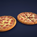 Delicious Pepperoni Pizza Whole Sliced And Small Slice On Dark Blue Background