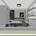 Modern Bedroom Interior Design With Cozy Bed Wall Art Nightstand Wardrobe And Curtains