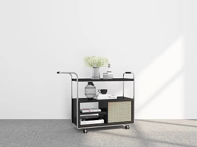 Modern Mobile Storage Cart With Two Tier Shelves Green Plants Books Vase And Cups 3d model