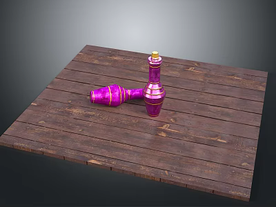Rustic Wooden Table Displaying Pink Spinning Tops With Gold Accents 3d model